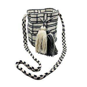 GUANABANA Handmade Drawstring Bucket Bag with Tassels in Black & Tan NWOT